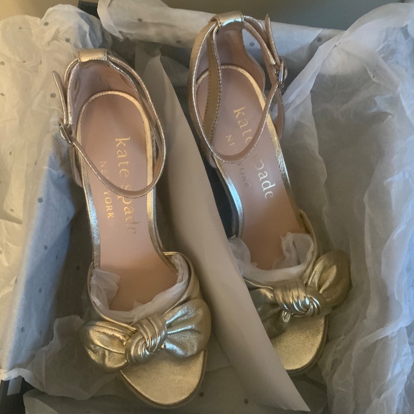 Kate Spade Tianna Espadrille Wedges Metallic Gold Leather Platform Sandals Pumps - Picture 14 of 16